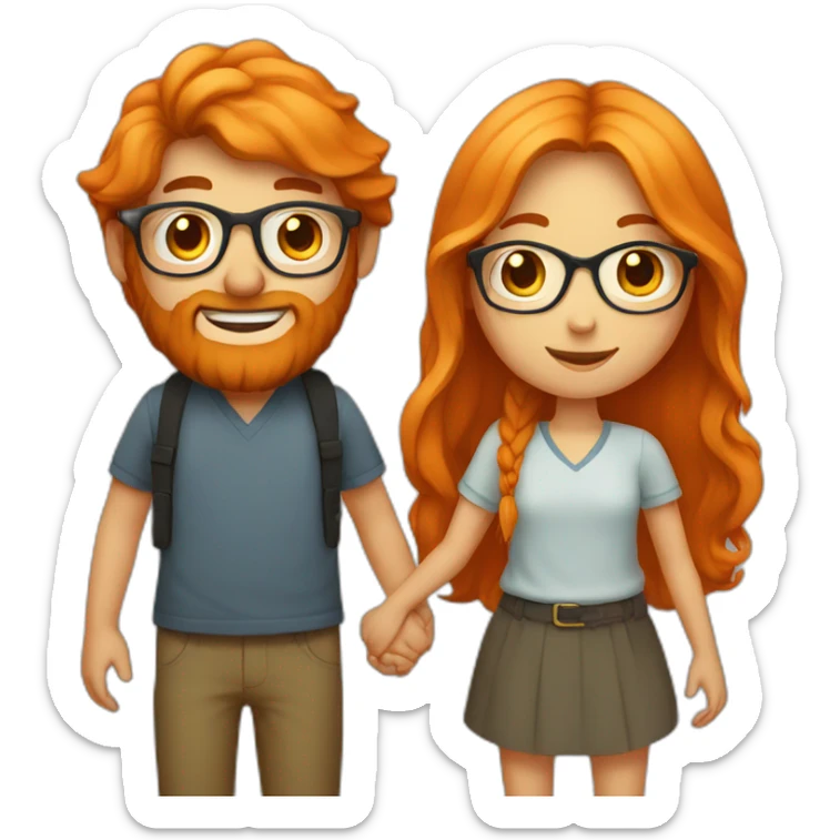 girl with long orange hair holding hands with boy with a beard and glasses sticker
