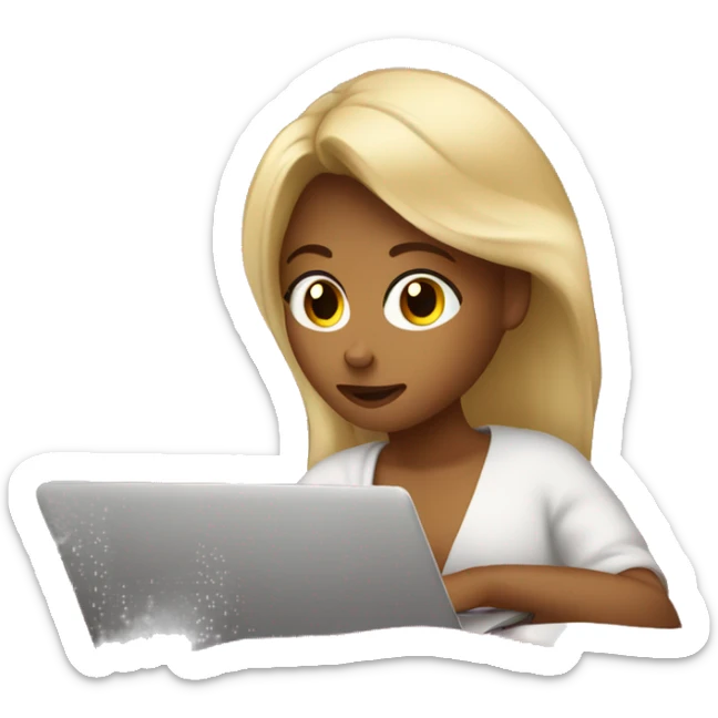 Tanned girl with blonde hair laying in bed watching a movie on a laptop with a blanket around her sticker