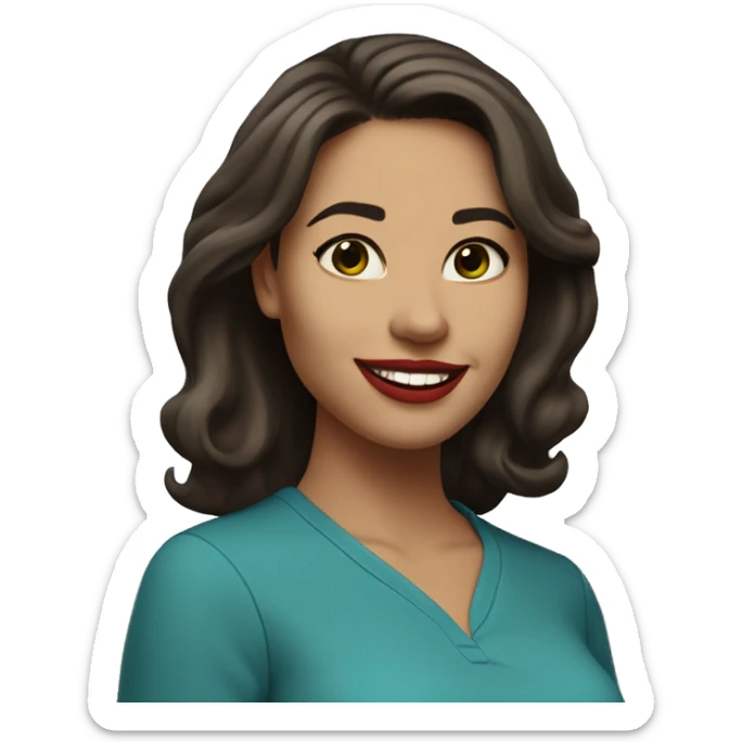 A headshot of a cheerful woman in her 30s with light skin, shoulder-length dark brown hair, and a round face with prominent cheekbones. She has dark green eyes, full lips with red lipstick, and a warm, friendly smile. She's wearing a blue shirt. sticker