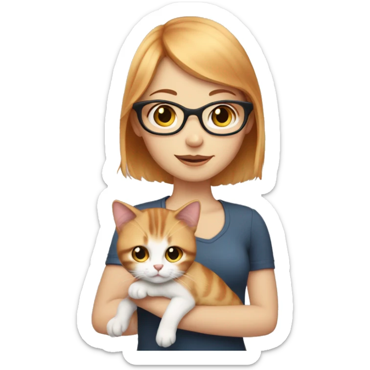 White skin, short strawberry-blonde haired girl with glasses holding calico cat sticker