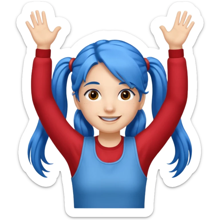 long blue hair girl in pig tails with brown eyes arms up celebrating sticker