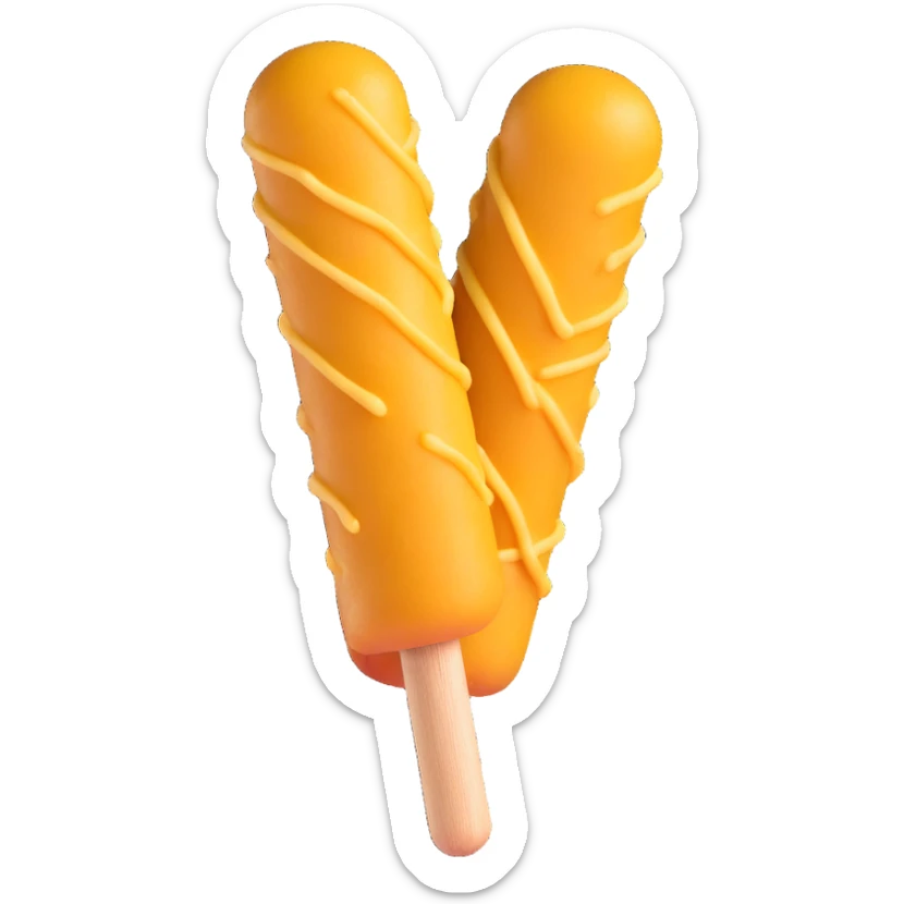 korean potato cheese corn dog, cheese stretching out, crunchy potato coating, wooden stick, playful, no text sticker