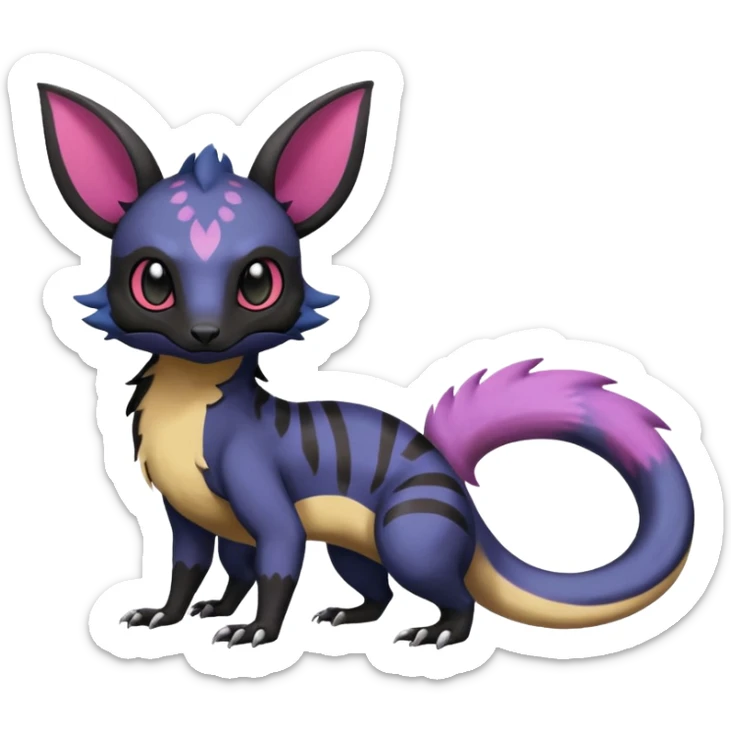 Rare epic aesthetic colorful Salandit-Noibat-Eevee-Civet-species-Fakemon-hybrid-creature, with markings, full body sticker