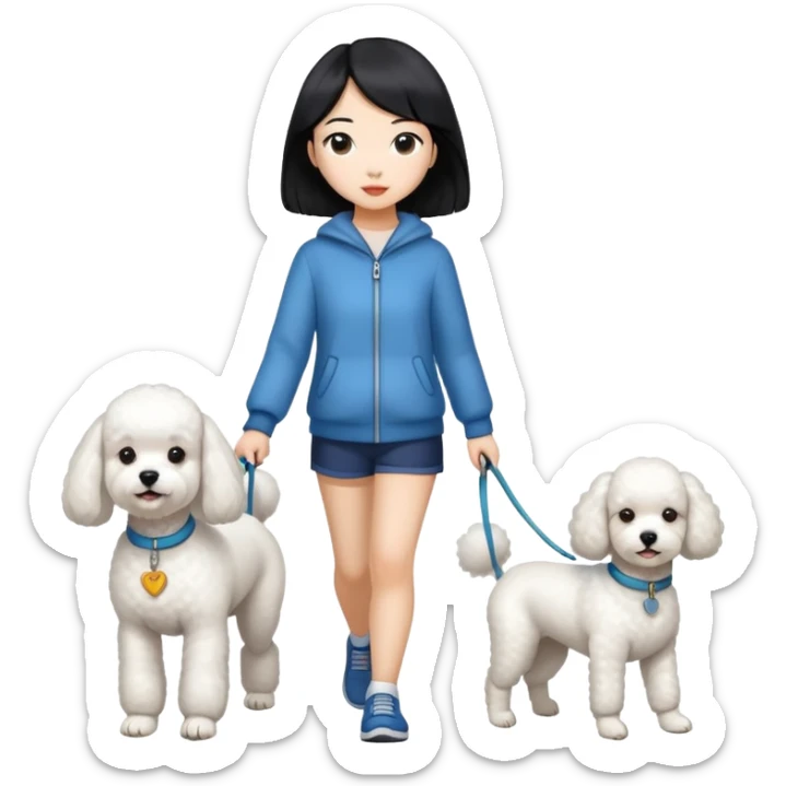 white dog (one poodle) walking with owner (Asian girl with straight black hair) sticker