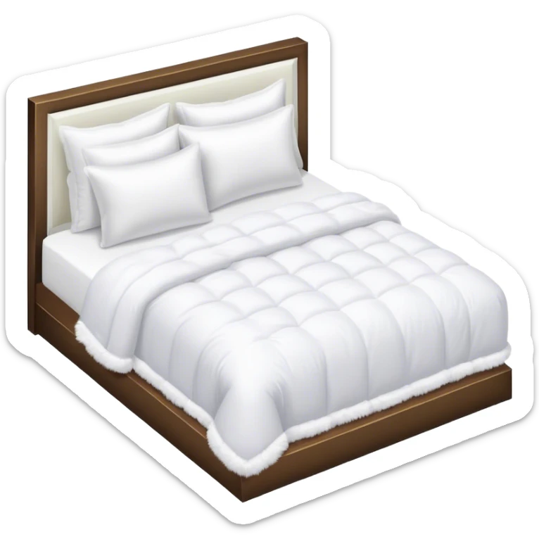 All white hotel bed with puffy white duvet and white faux fur throw blanket, isometric sticker