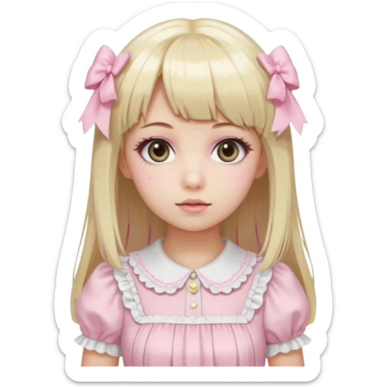 pale girl , who has straight hair medium length blonde and baby pink swirled hair with bangs , grey eyes , and doll like makeup , in a light pink lolita hime gyaru dress emoji | AI Emoji Generator sticker