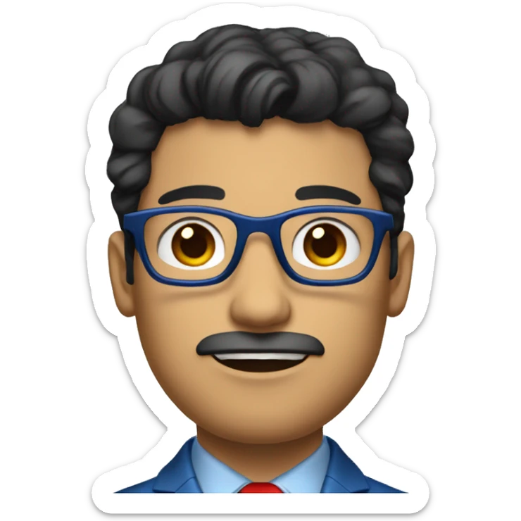 Latin man in blue suit and red tie, black eyes with metallic glasses, black hair, showing hands sticker