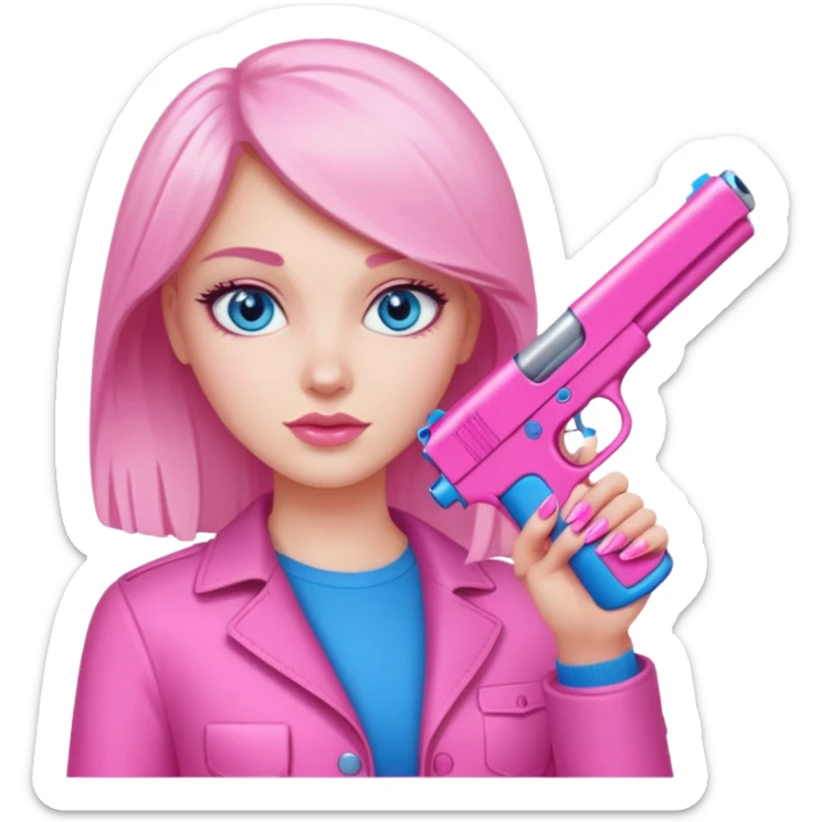 White Girl hand pink nails holding pink gun with blue eyes sticker