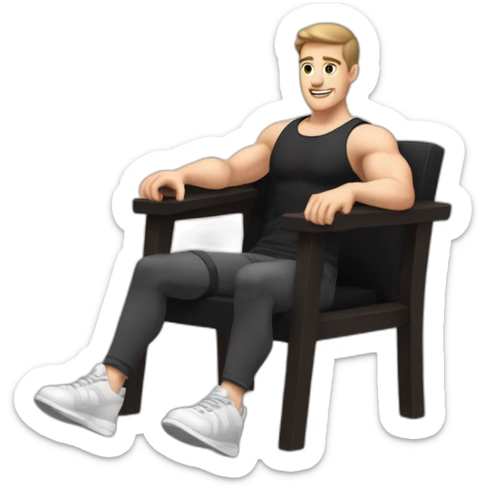 Pale skinned Fit Man With the biceps and dark brown hair in black shirt, gray sports shorts and white Sneakers Sitting on a chair sticker