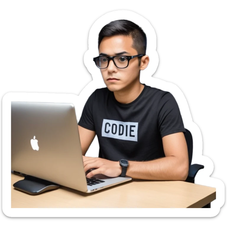 Un homme développeur de teint noir, assis à un bureau moderne avec un ordinateur portable allumé devant lui, écran affichant du code en exécution. Il porte une tenue casual (t-shirt sombre ou chemise simple), lunettes élégantes optionnelles. Expression concentrée, lumière douce venant de l’écran.  sticker