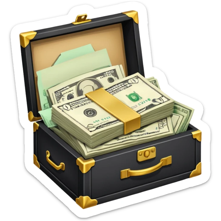 a bunch of miscellaneous stuff in a box, with a small pile of cash note on the side, indicating that this box is for sale sticker