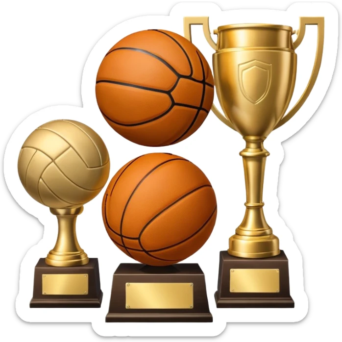 a basketball, soccer ball, volleyball, and a football all mixed with a trophy sticker