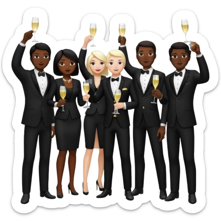 Un equipo cin trajes negros, personas blancos y negros de ventas celebrando un logro con un brindis. El fondo negro totalmente  sticker