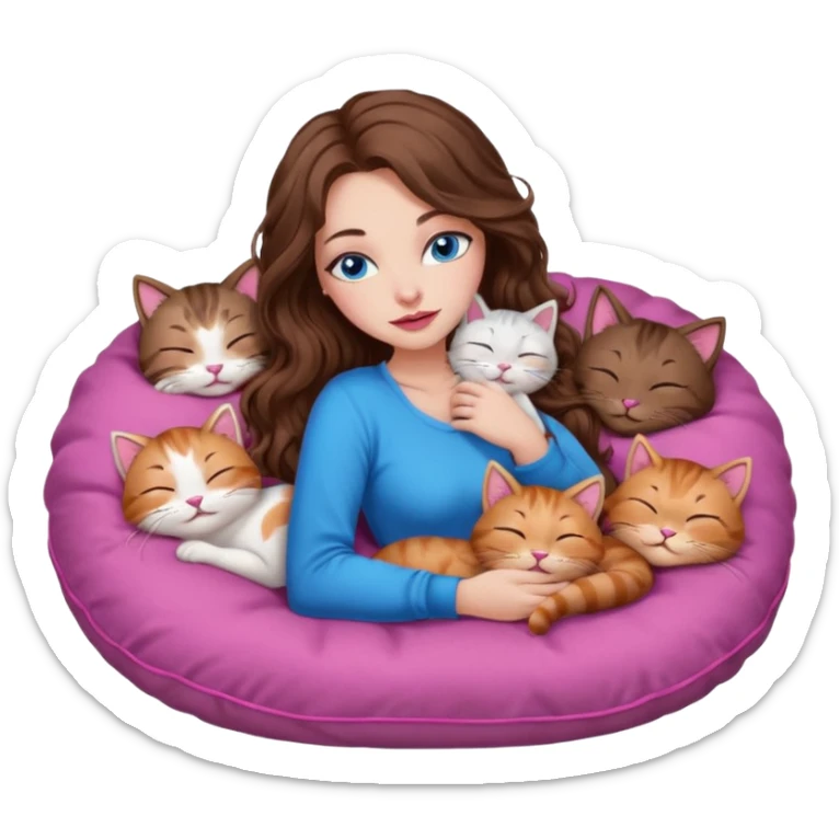 girl with long wavy brown hair, blue eyes, long lashes makeup, sexy pink lips, sleeping on a cozy pillow with 6 cats sticker