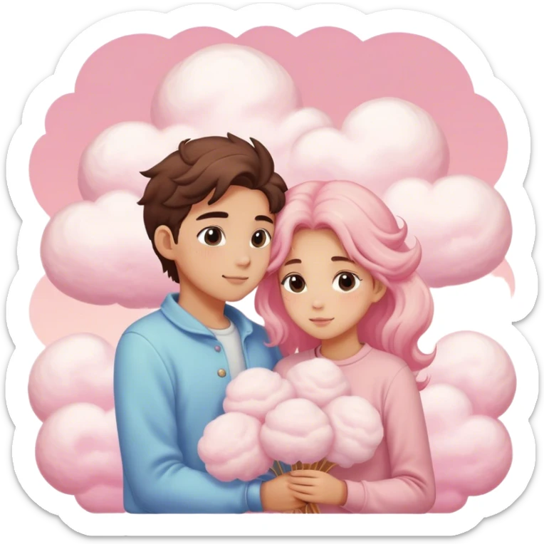 A young man and woman embrace on fluffy, cotton candy-like pink clouds, their faces hidden. They have wheat-toned skin, creating a dreamy, fairytale atmosphere. sticker