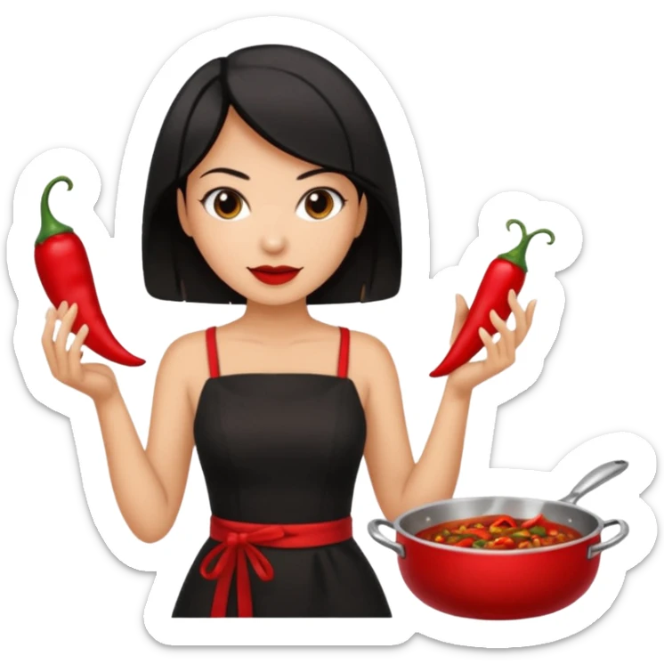 black short shoulder length hair tanned woman, black dress cooking, holding chili pepper sticker