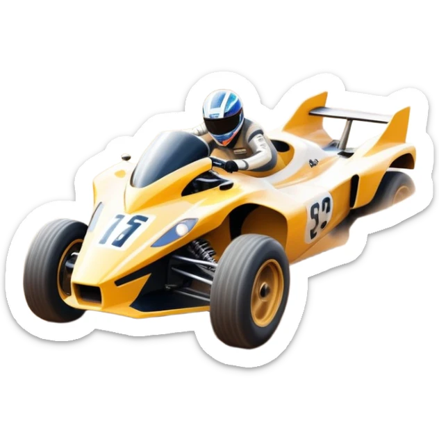 A high-speed racing car or motorcycle zooming down a track, leaving a trail of dust and excitement. The scene conveys energy and adrenaline, with blurred motion showing the speed and precision of motorsport, set against a dynamic racing track backdrop. sticker