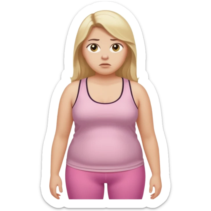 Create a young woman with long blonde hair, golden eyes, and medium-light skin tone, wearing a light pink tank top and leggings. but she is overweight  She should be in portrait mode, but with a subtle doubting facial expression—slightly raised eyebrow, small frown, sticker