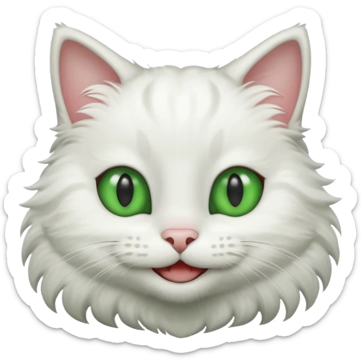 Realizar emoticonon de gato blanco con gris solo carita sonriendo muy feliz ojos grandes de color verde sticker