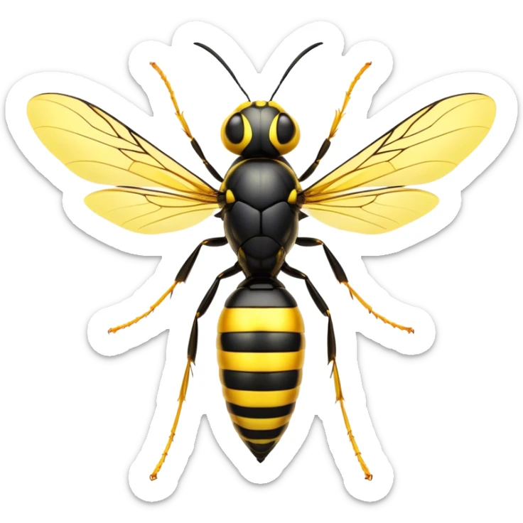 Cinematic Noble Wasp Portrait Emoji, Poised and formidable, with a sleek, slender body in bold yellow and black hues, angular, translucent wings and sharp, focused eyes exuding determined intensity, Simplified yet strikingly defined features, highly detailed, glowing with a cool, assertive radiance, high shine, intelligent and vigilant, stylized with an air of natural precision, focused and alert, soft glowing outline, capturing the essence of a watchful wasp that appears ready to buzz out of the screen with commanding presence! sticker