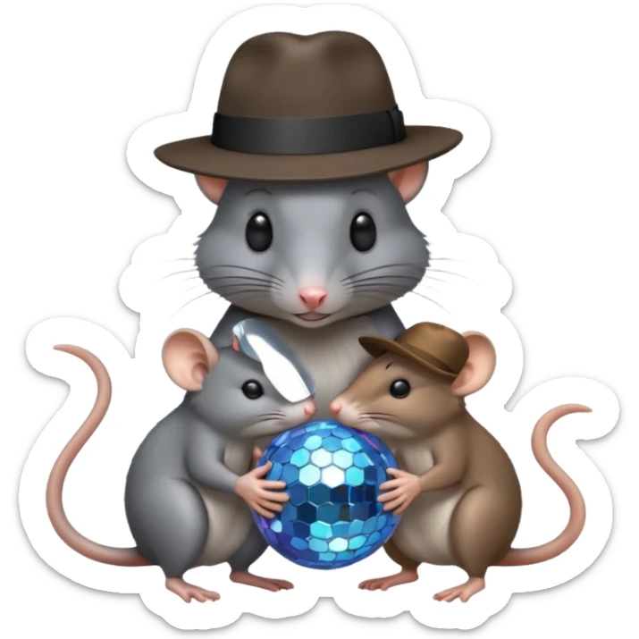 A black rat wearing a fedora being hugged by a grey rat in a fedora and a brown rat wearing a fedora holding a disco ball sticker