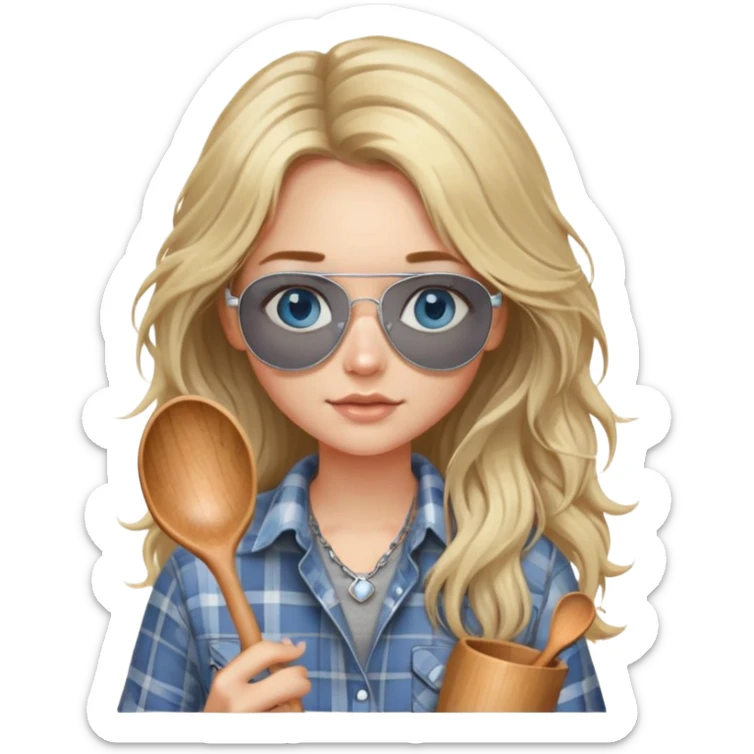 girl with long blond messy hair wearing grey plaid shirt with blue eyes and aviator sunglasses wearing a ring on her silver necklace, holding wooden spoon sticker