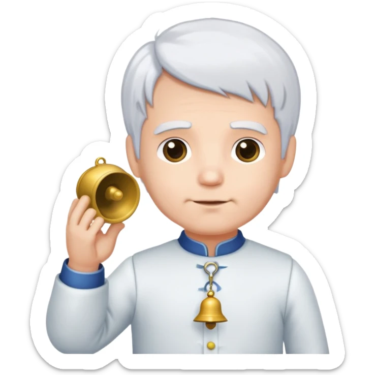 Man in a wheelchair with a bit of white hair expect the tops of his head with nursery dress and a bell on his right hand sticker