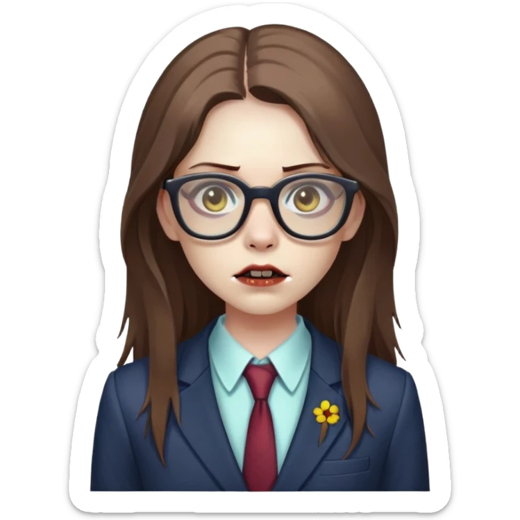 zombie girl with glasses, long brown hair, wearing a suit sticker