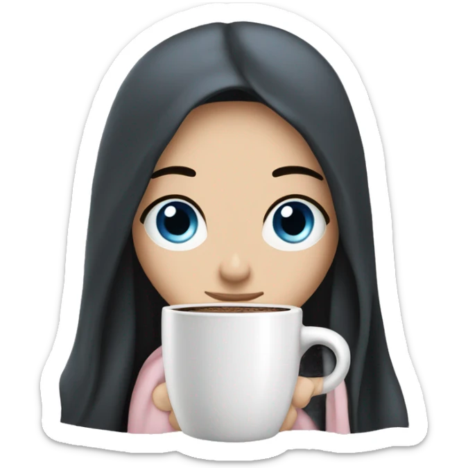 A pretty white girl with very long black hair and blue eyes in a light pink blanket sipping coffee sticker