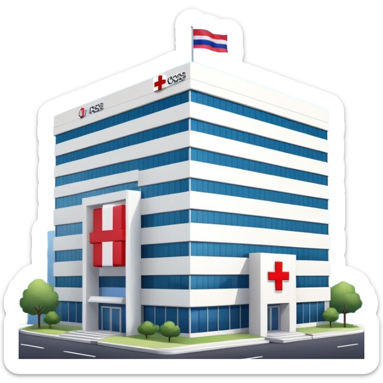 Hospital building with Thai flag waving, red cross medical symbol, Thailand flag with red white blue stripes sticker