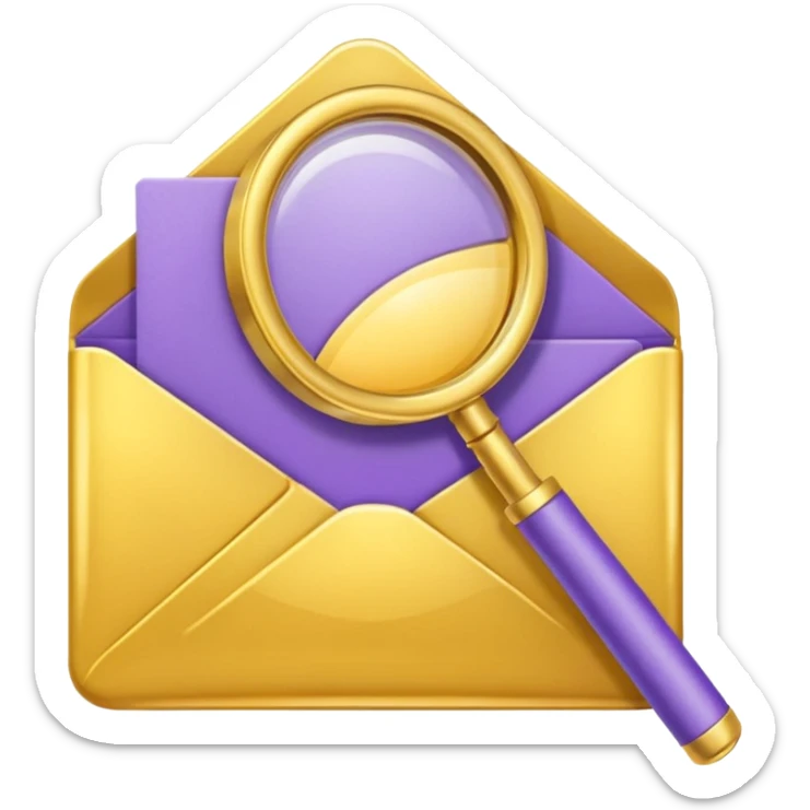 simple, minimalistic yellow (hex#FFD008) and purple (hex#8C52FF) emojis of a pin, a working case, a folder, a magnifier, an email, an envelope sticker