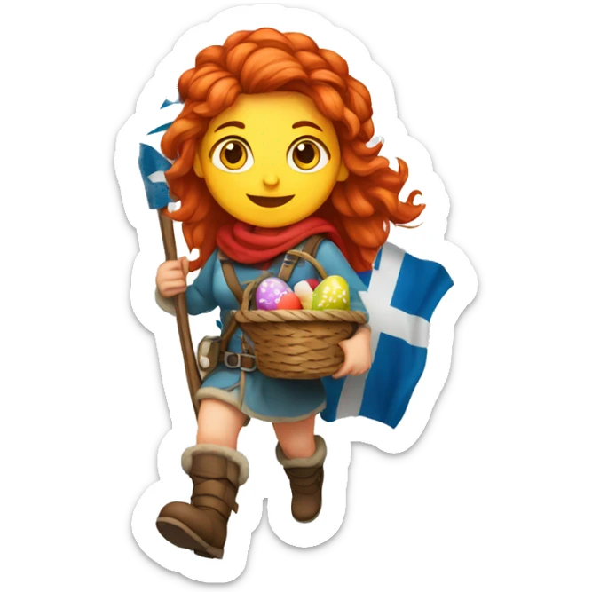 red hair female winter mountaineer climbing with Easter eggsbasket and Greek flag sticker