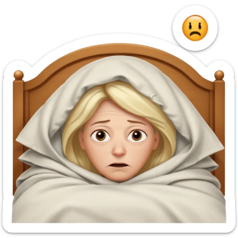 A 55-year-old woman lying in bed, unable to sleep. She looks exhausted and desperate, with visible dark circles under her eyes, tired facial expression. She is under the blankets, staring at the ceiling.  sticker