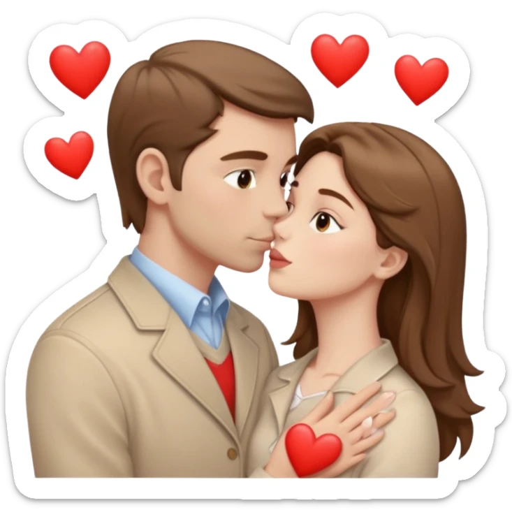 A white man with brown hair in pale beige clothes and a woman in pale beige clothes are kissing with white hearts sticker