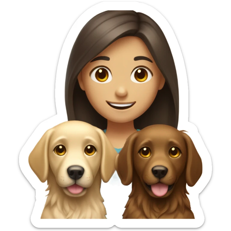 Smiling girl with long dark brown hair and a small shaggy golden Labrador dog with brown eyes sticker
