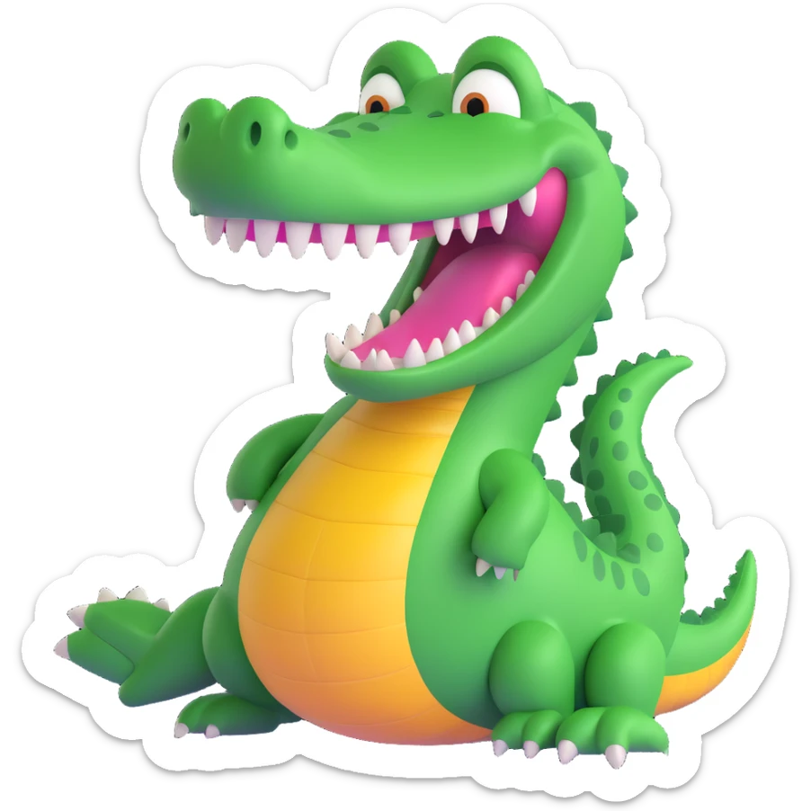 playful pose bright green cartoon crocodile named Bombardino with big toothy grin sticker