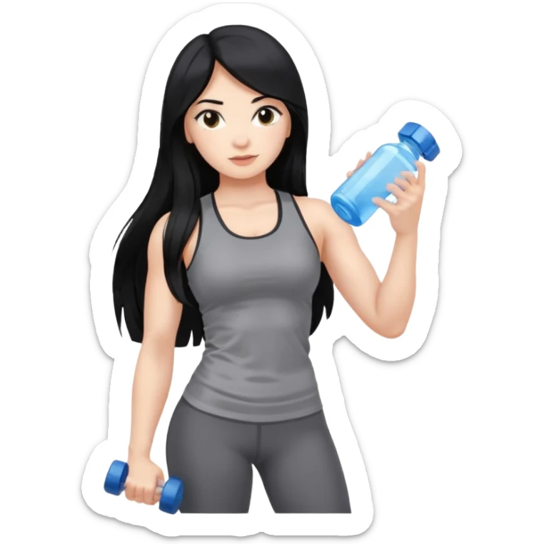 Long black hair girl with gym aesthetic, leggings with fitted shirt, with water bottle and dumble  sticker