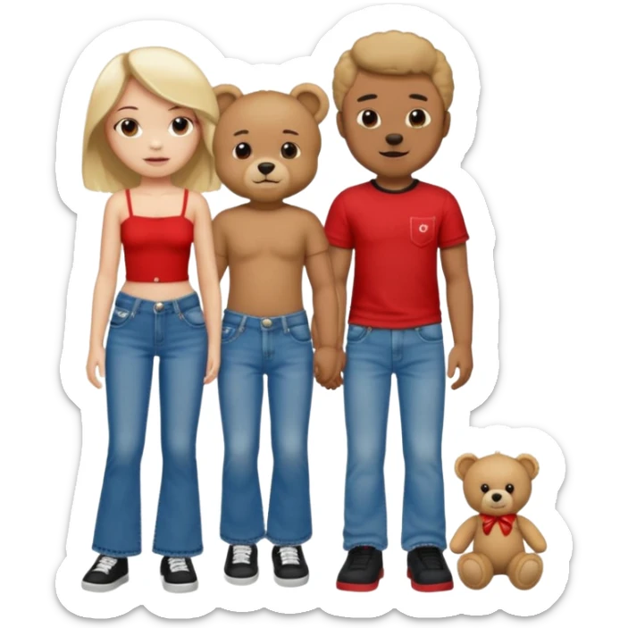 A boy and a girl teddy bear for the boy bear put on true religion shirt and jeans with black shoes and for the girl put flare jeans and a red tube top and white shoes just bears not the humans  sticker