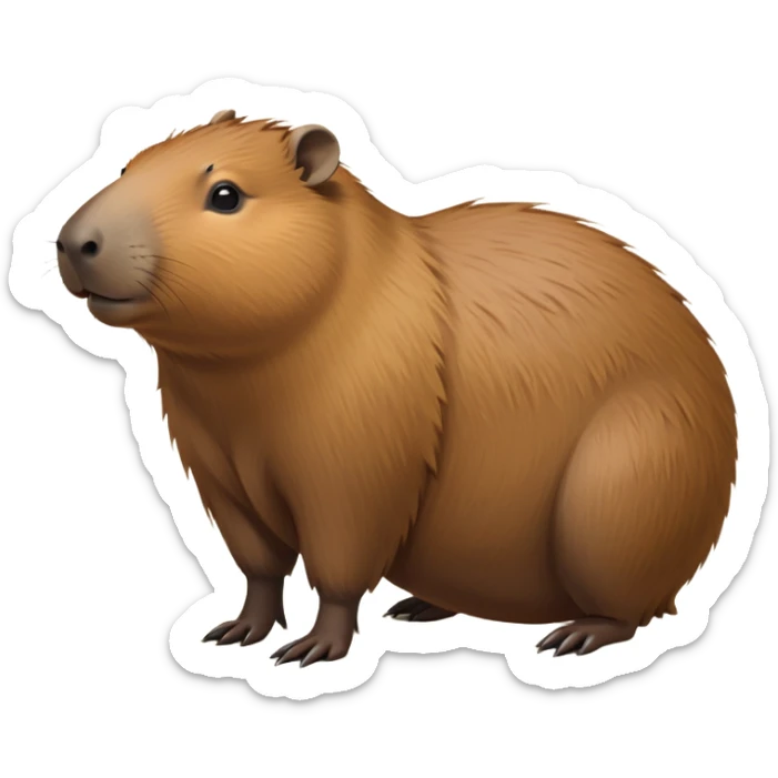 cinematic-capybara-realistic-full-body-on all fours-emoji,-plump-and-relaxed-body-soaking-in-the-warm-sun,-short-brown-fur-slightly-ruffled,-head-tilted-dramatically,-calm-expressive-eyes-exuding-serene-wisdom,-simplified-yet-realistic-focused-features,-highly-detailed,-glowing-with-an-almost-sarcastic-glow sticker