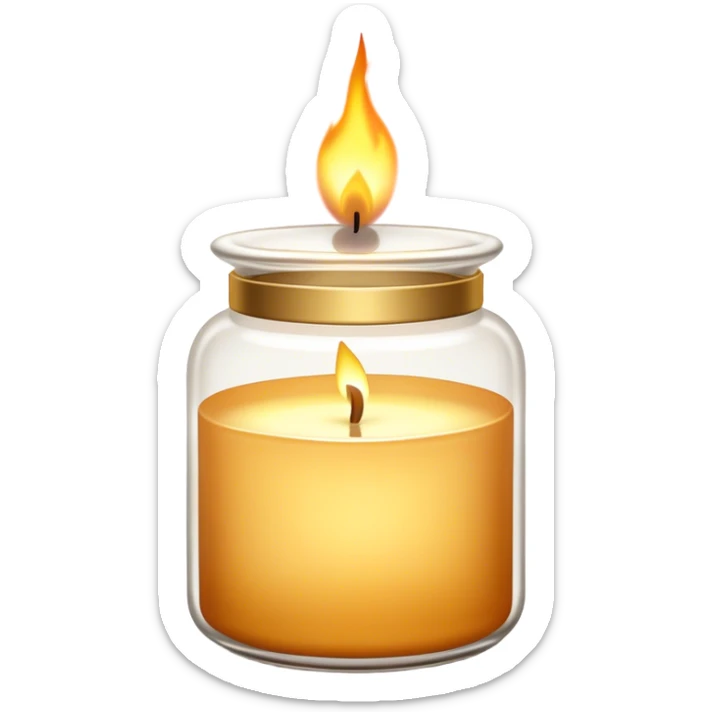 "Minimalist yet detailed emoji of a glass candle jar with a flickering flame, soft gold accents, and a warm glow, evoking a spa-like atmosphere." sticker
