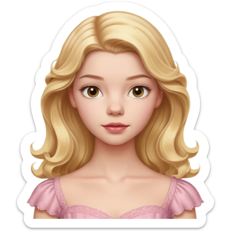 Cinematic Realistic Anya Taylor Joy Portrait, depicted with lifelike skin texture, subtle rosy undertones, and soft natural lighting that enhances the gentle contours of her face. Her intricately detailed golden blonde hair is elegantly wavy, and pink dress corquette sticker