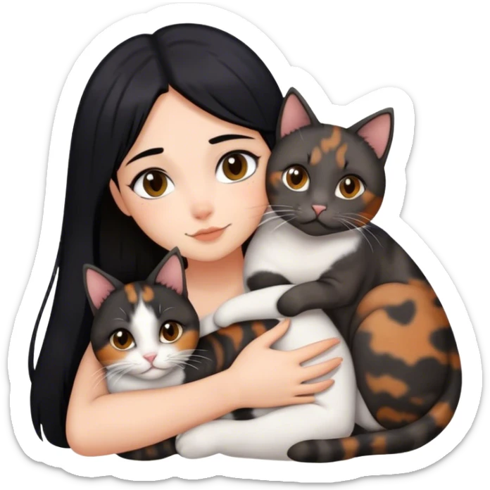 girl with black hair hugging three cats  (tortie cat, dark gray cat, brown calico cat) sticker