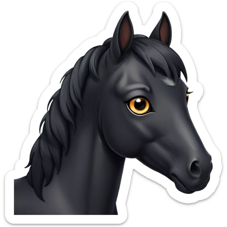 Cinematic Cute Black Horse Portrait Emoji, Head tilted playfully and inquisitively, showcasing a glossy black fur with a striking sheen and expressive dark eyes filled with curiosity, Simplified yet irresistibly adorable features, highly detailed, glowing with a warm, friendly glow, high shine, affectionate and spirited, stylized with a touch of whimsy, bright and endearing, soft glowing outline, capturing the essence of a mischievous yet loving horse, so playful it feels like it could trot out of the screen and into your arms! sticker