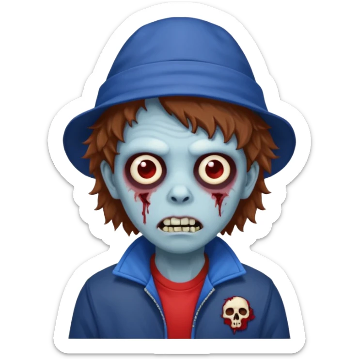 brown fluffy hair zombie with blue and white hat dark blue jilet red t shirt sticker