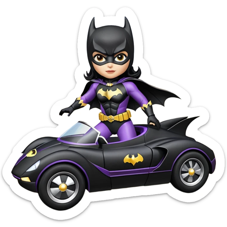 scale racing sexy fitted Batgirl’s buxom heroically armored midnight-colored tight outfit 1970’s tv style dark knight stealthy accurate sporty safe plush deluxe off-road pursuit drifting F1 town car (black hair, shoulders back against seat) rally vehicle  sticker