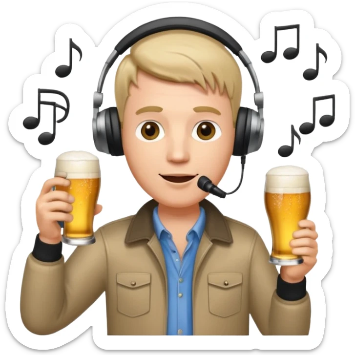 a white male radio presenter wearing headphones, speaking into a microphone, with a beer in his hand and musical notes around him sticker