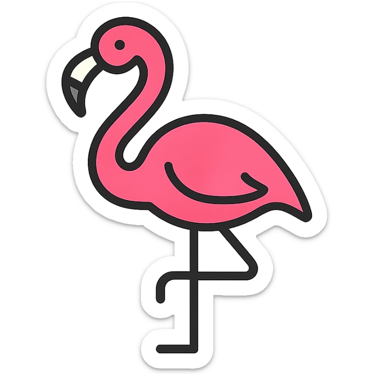 flamingo, color outline icon style, clean lines, black outlines, vibrant pink, minimal details sticker