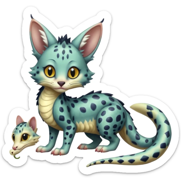 Realistic cute Flurry furry scary slimy oily glossy wet gloomy dusky scaly sergal-serval-possum-sphynx-Koi-sergal-fusion-animal-hybrid-creature with a snake-tail sticker