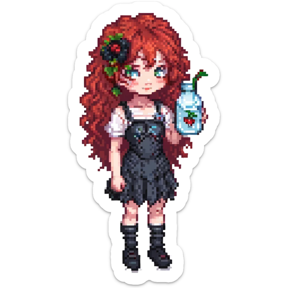 goth girl with red cherry curly hair holding a glass of water, pixel art style sticker