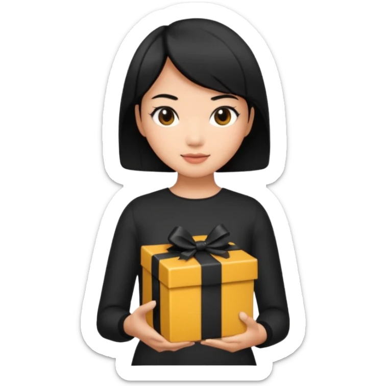 asian woman short hair tanned, holding with black present - emoji style sticker
